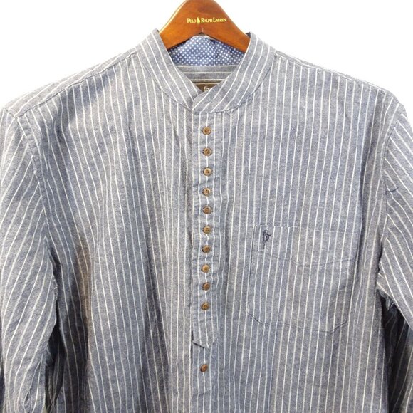 Celtic Ranchwear Shirt Large Long Sleeve Mandarin Collar Blue White Striped - Picture 2 of 10